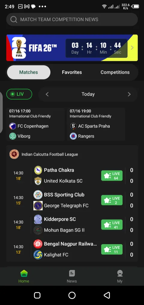 Camel Live home screen showing live football matches